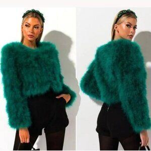 💥SHOWSTOPPER!💥Boheme Marabou Feather Bell Sleeve Cropped Jacket in Pine Green